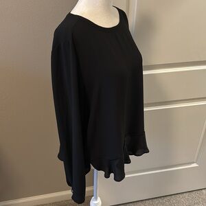 Loft Black Chiffon Blouse with Ruffle Trim and Keyhole Back, M